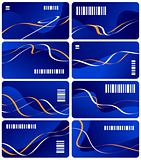 Collection from eight dark blue business cards with white bar code