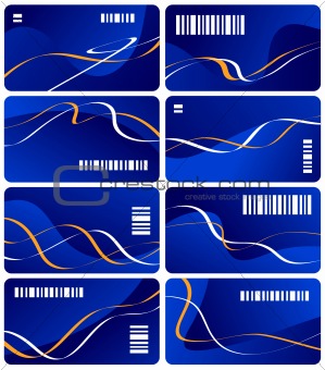 Collection from eight dark blue business cards with white bar code