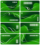 Eight business cards of green color with bar code