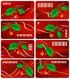 Eight red business cards with bar code and image cherries