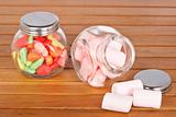 Colorful candies  and pink marshmallows
