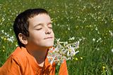 Boy smelling flowers
