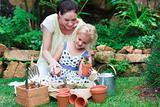 Mother and daughter gardening 