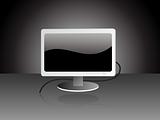 frontal view of the wide screen monitor with wavy wallpaper