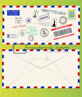 Air mail envelope with postal stamps