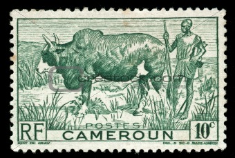 vintage stamp from cameroon depicting tribal farmer