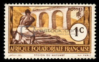 vintage stamp from Africa depicting railroad worker