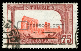 vintage stamp from Tunisia depicting Roman ruins of Carthage