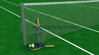 tennis racquet and balls