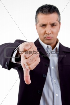 front view of unhappy boss showing thumb down
