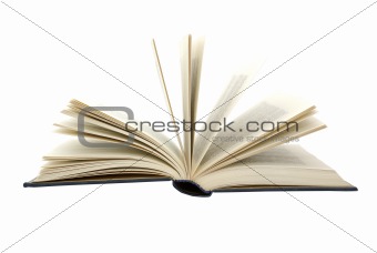 Old book with flavescent pages isolated on white background.