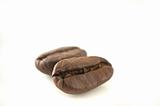 Two coffee beans in white background.