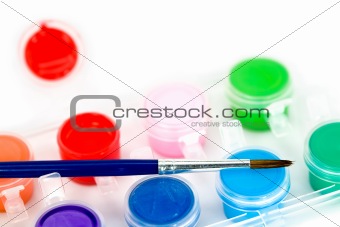 Artist Paintbrush and Mini Pots of Paint