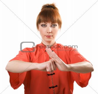 young woman makes chinese greeting gesture