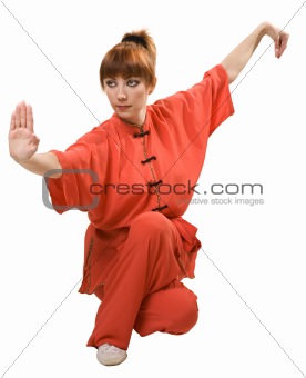 young woman makes kung-fu exercise