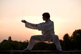 woman in white suit make's taiji chuan exercise