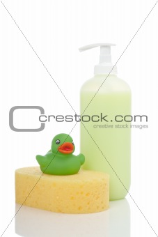 Rubber duck, soap and sponge