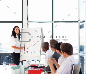 Businesswoman reporting sales figures to her team