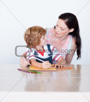 Woman and son doing homework