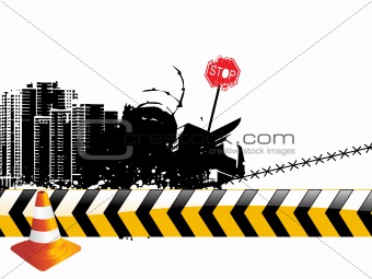retro building with traffic-cones and wire illustration