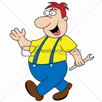 Workman Holding Spanner Cartoon Character