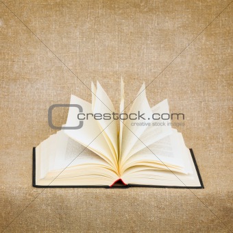 Open old book on brown canvas background