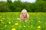 Young woman relaxing on a green meadow with dandelion
