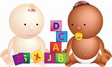 2 babies play with building blocks