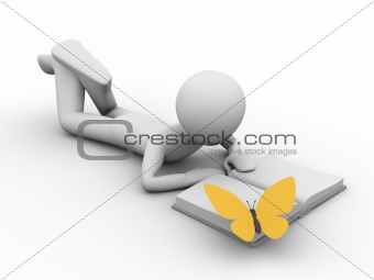 vacation: man lying and reading a book with a butterfly on it