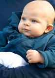 Small newborn baby in blue jacket