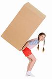 Girl holding heavy cardboard box
