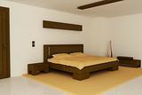 Render of a bedroom with brown and orange tones