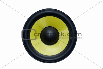 Yellow audio speaker isolated on white background.