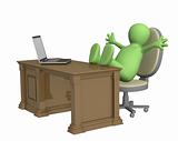 3d puppet, thrown foots on office table