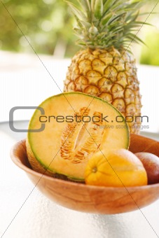 Colorful tropical fruit arrangement.
