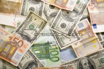 pile of EU and American dollars banknotes