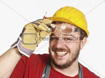 handyman with protection glass