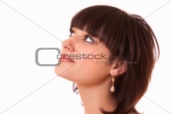 Sexy woman look up isolated on white