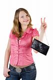 Beautiful smiling young woman with a handbag. Isolated 