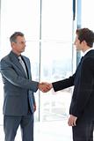 Senior and junior businessman shaking hands in agreement