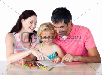 Parents helping their daughter doing homework