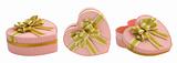 Three pink heart boxes with gold bow and ribbon isolated on whit