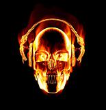 flaming skull wearing headphones