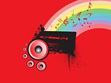 red wallpaper with rainbow and speakers