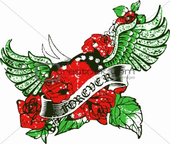 rose, heart and bird emblem