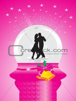 pink background with shining stars and dancing couple in glass ball