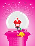 pink background with shining stars and santa claus in glass ball