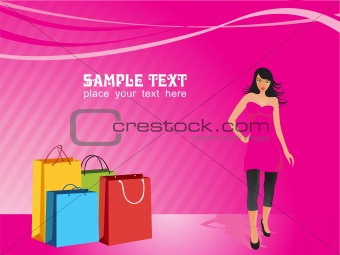 pretty woman in nice pink dress and shopping bags, vector