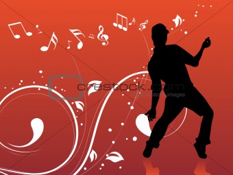 red musical floral background and male dancer, illustration