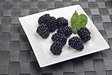 blackberries on a white plate with a peppermint leaf